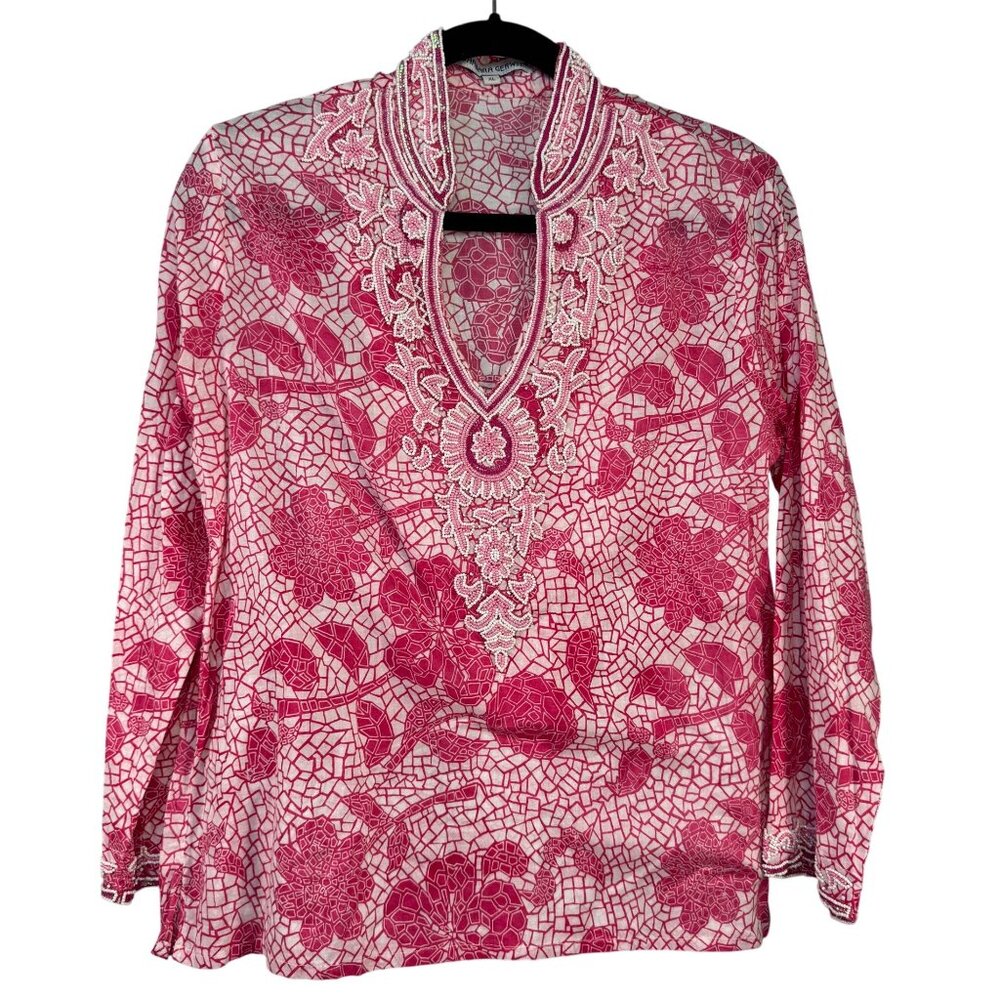 Barbara Gerwit Womens XL Pink White Floral Embroidered Beaded Tunic Top